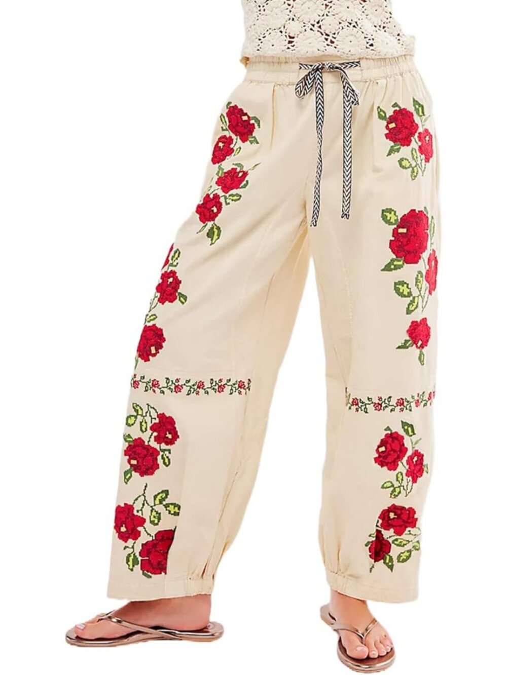 Embroidered Mid Rise Barrel Jeans for Women | Wide Leg Baggy Denim Pants with